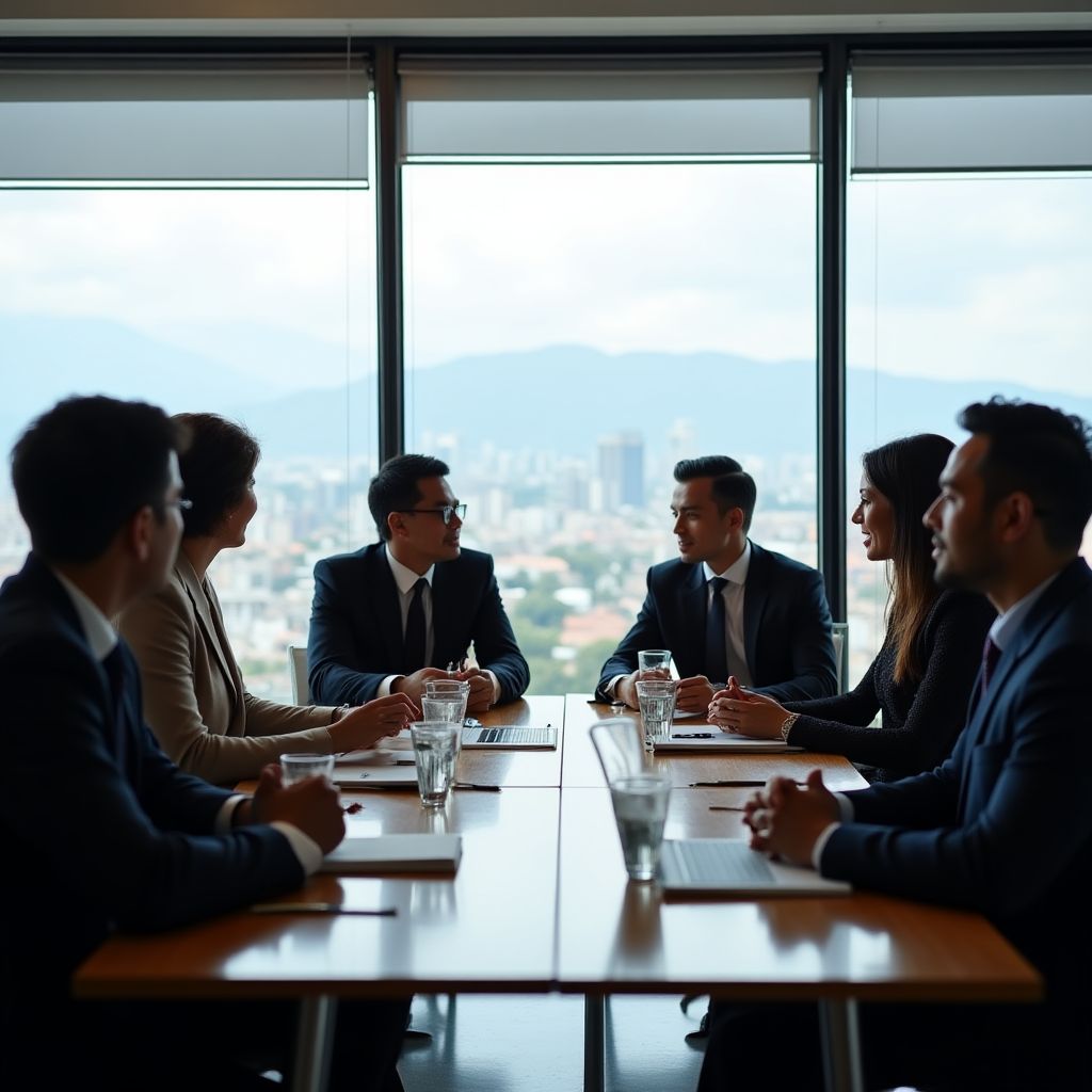 Equipo de profesionales financieros de InverCol reunidos en una oficina moderna